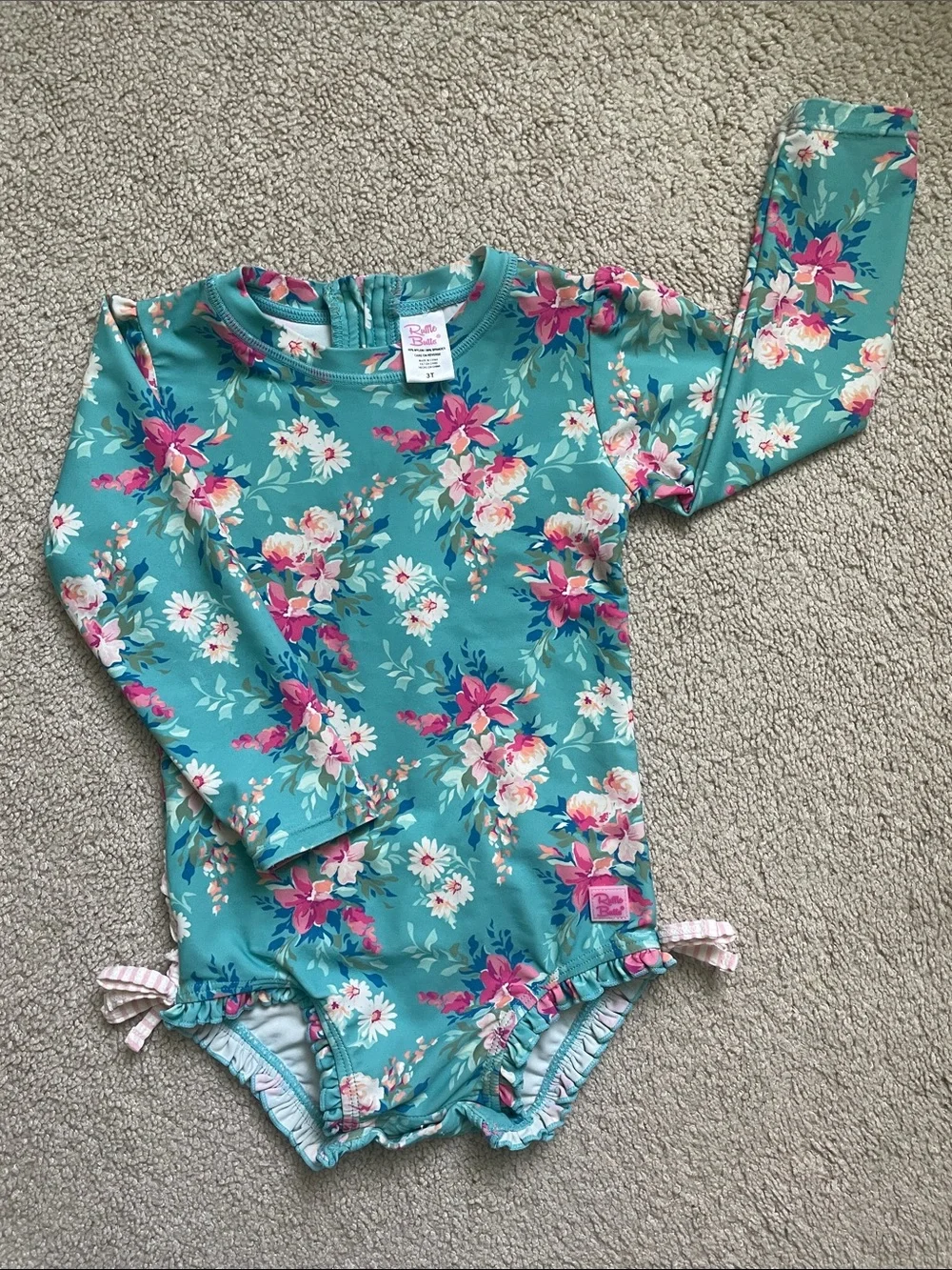 Ruffle Butts Teal Floral Long Sleeve One-Piece with Pink Ruffles